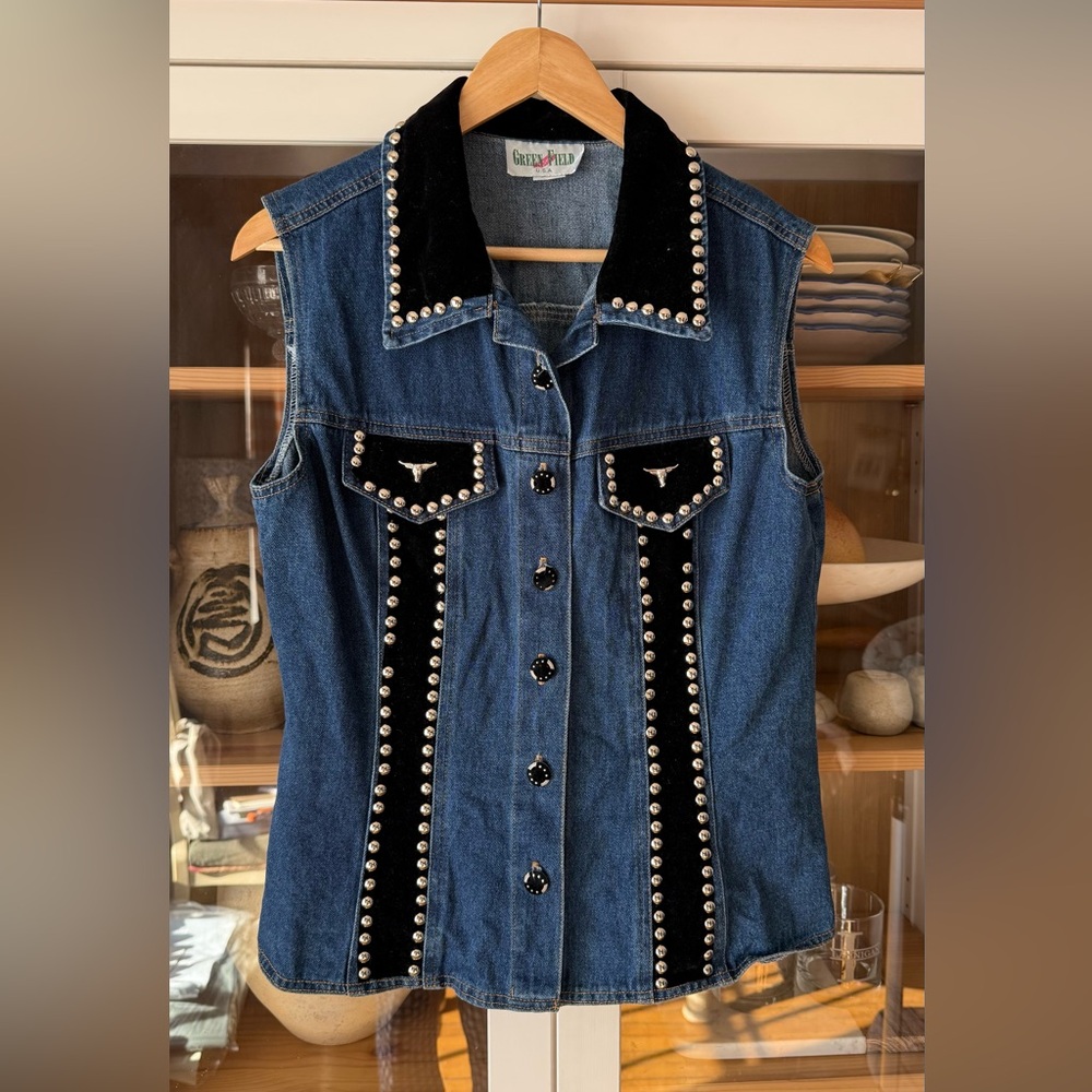 Vintage Denim and Black Studded Western Vest